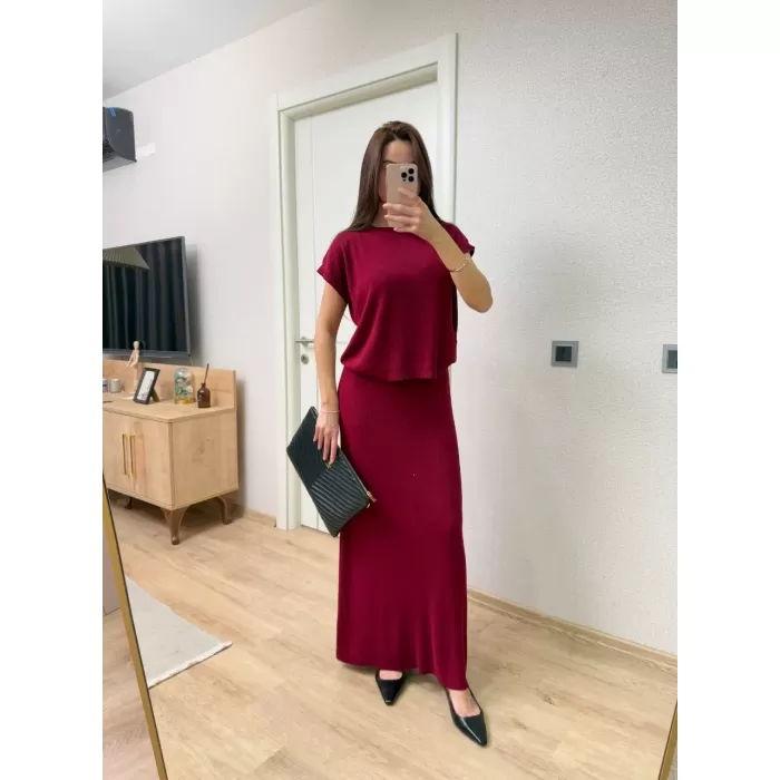 Bisiklet Yaka Bluz Uzun Etekli ikili Takım Triko - Bordo