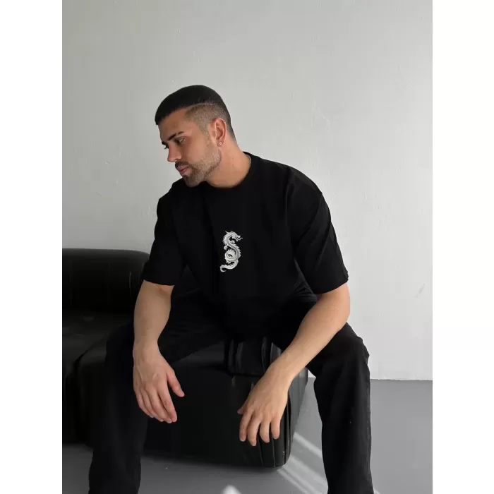 Baskılı Oversize Bisiklet Yaka T-shirt - Siyah