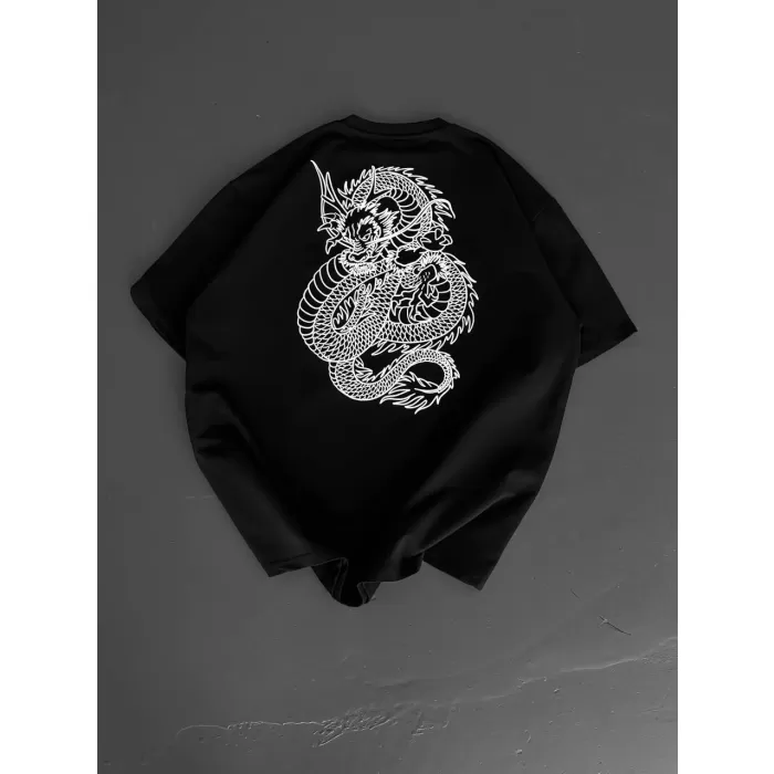 Baskılı Oversize Bisiklet Yaka T-shirt - Siyah