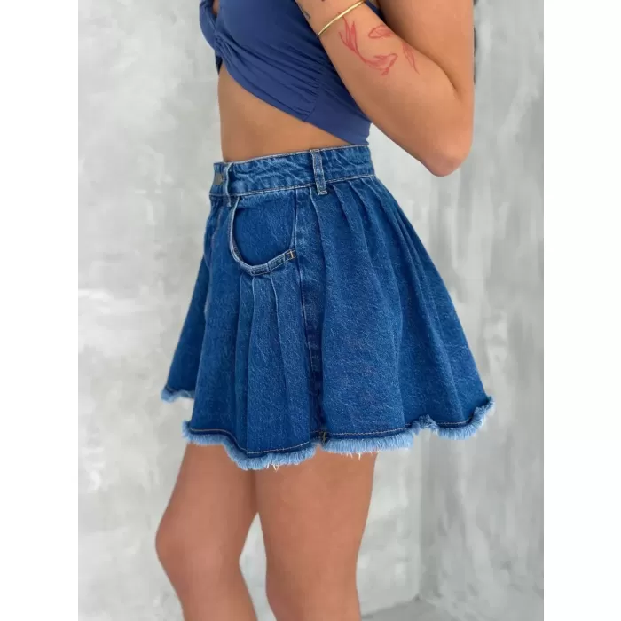 Şık Pileli Yazlık Mini Etekli Kot- Saks Mavisi