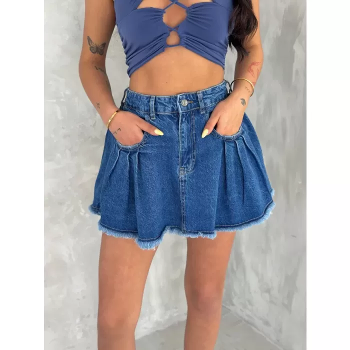 Şık Pileli Yazlık Mini Etekli Kot- Saks Mavisi