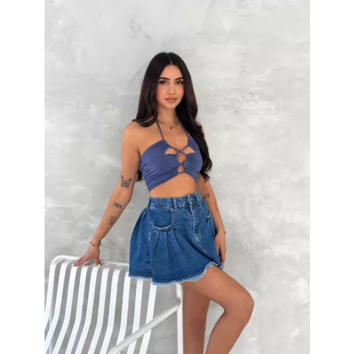 Şık Pileli Yazlık Mini Etekli Kot- Saks Mavisi