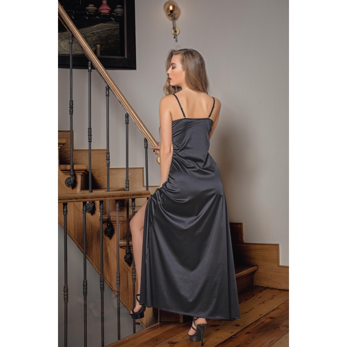DANTELLİ UZUN YIRTMAÇLI SATEN GECELİK ELBİSE STRİNG TAKIM SİYAH (MGP31512)