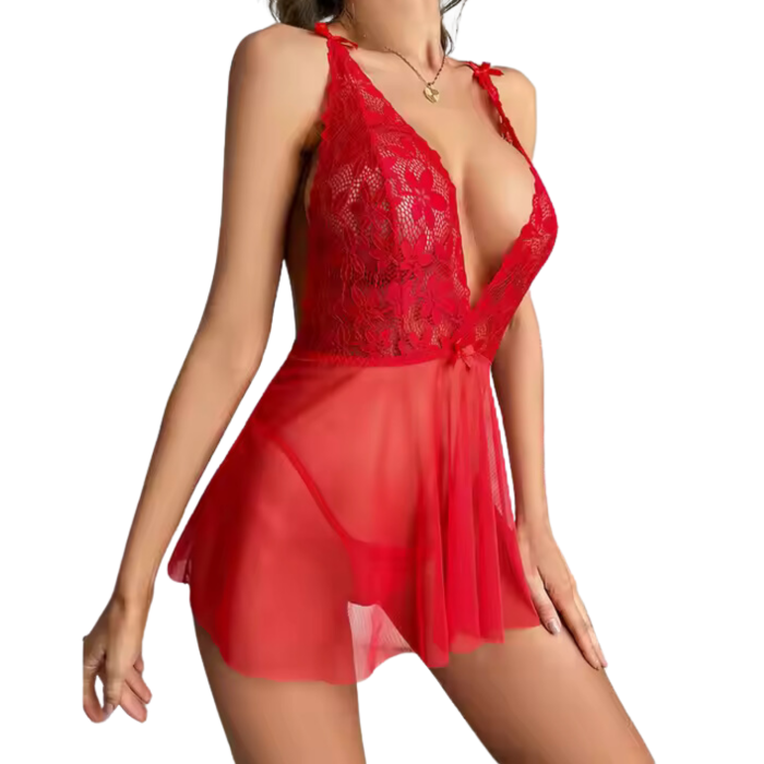 Fantezi Kırmızı Dantelli Transparan Tül Etekli Seksi Elbise Gecelik BC3267