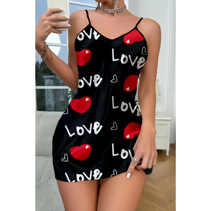 Love Desenli Siyah Saten Gecelik