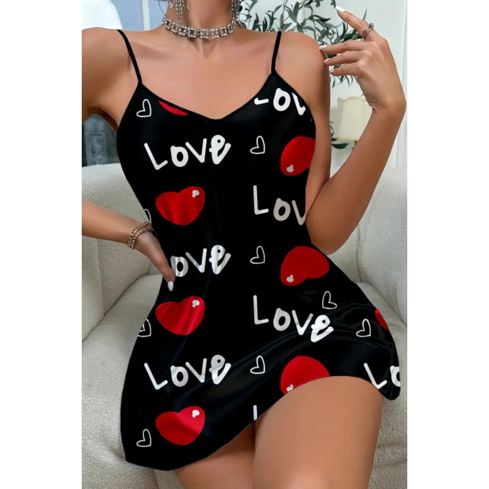 Love Desenli Siyah Saten Gecelik