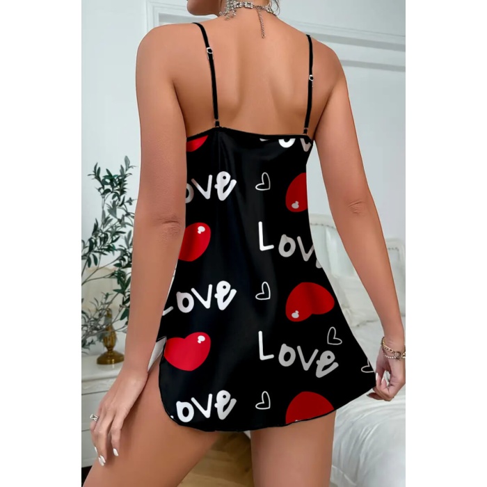 Love Desenli Siyah Saten Gecelik