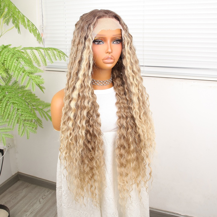 Afro Dalga Kumral Balköpüğü Ombre ve Röfleli Fiber Sentetik Tül Peruk