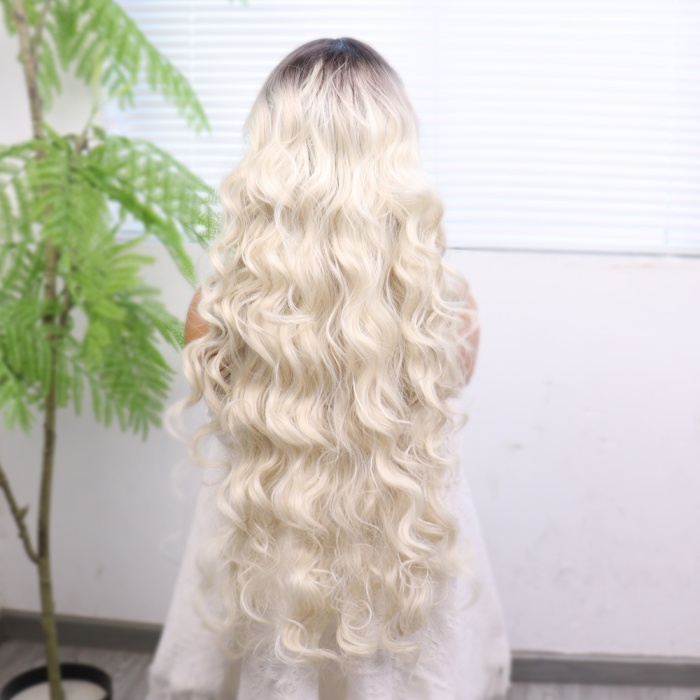 Kumral Beyaz Platin Ombreli Ekstra Uzun Fiber Sentetik Dalgalı Tül Peruk