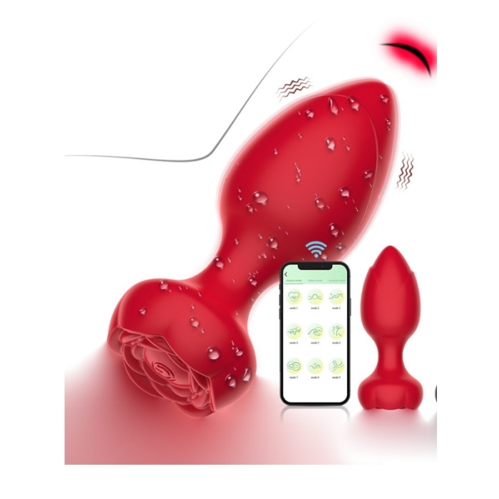 Censan Telefon Kontrollü Full Covered Rubber Rose Anal Plug – Kırmızı