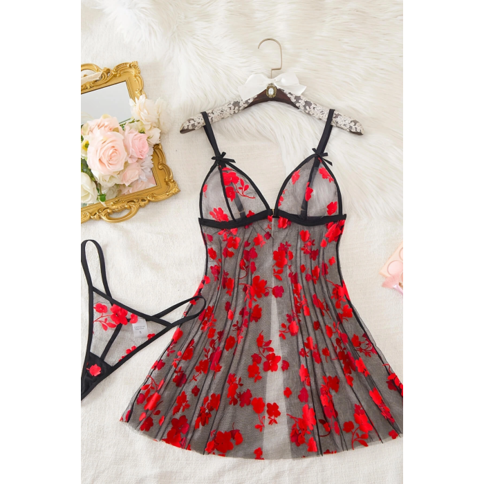 Çiçek Desenli Siyah Transparan Gecelik TM1319