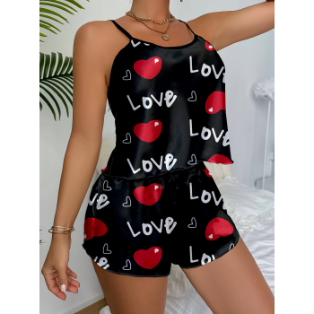 Aşk Temalı Kalp Desenli Siyah Saten Şortlu Gecelik Takım