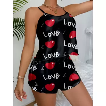 Aşk Temalı Kalp Desenli Siyah Saten Şortlu Gecelik Takım