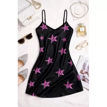 Yıldız Desenli Siyah Askılı Saten Gecelik