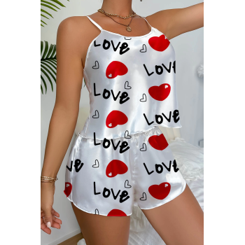 Love Desenli Beyaz Saten Şortlu Gecelik Takım