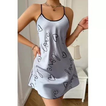 Love Baskılı Gri Saten Gecelik