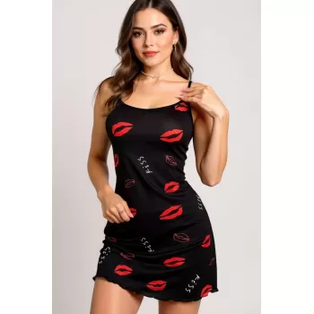 Dudak Desenli Siyah Askılı Gecelik