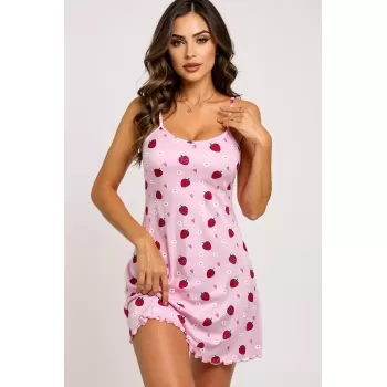 Pembe Çilek Desenli Askılı Kadın Gecelik