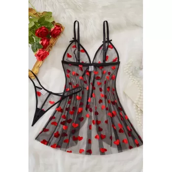 Kalp Desenli Siyah Transparan Tül Gecelik TM1378