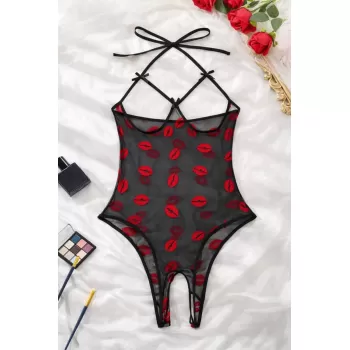 Öpücük Desenli Transparan Siyah Fantazi İç Giyim TM1385