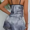 Love Baskılı Gri Saten Şortlu Gecelik Takım