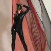 Deri Görünümlü Kedi Kadın Kostümü Fantazi Catsuit Seksi Kostüm-Sexy Cosplay -Kadın Siyah Tulum