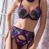 Mor Dantel Jartiyerli 3’lü Fantazi İç Giyim Takımı, Transparan Ayarlanabilir Askılı,Kadın İç Giyim