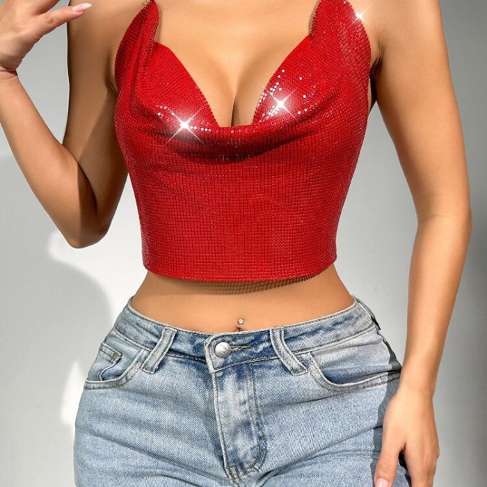 Parlak Kırmızı Crop & Bluz Kolsuz Kayık Yaka Zırh Büstiyer