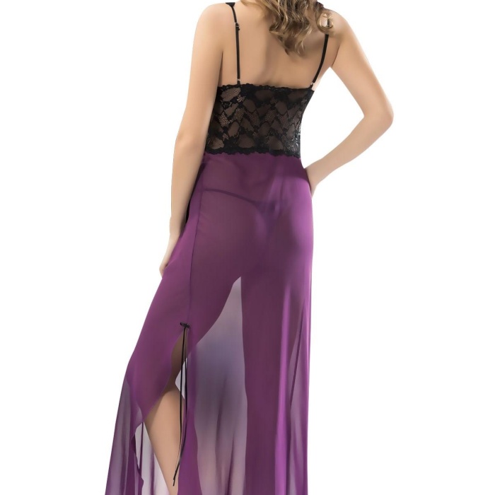 V Yaka Sıfır Kol Mor Renk Kadın Gecelık Takım