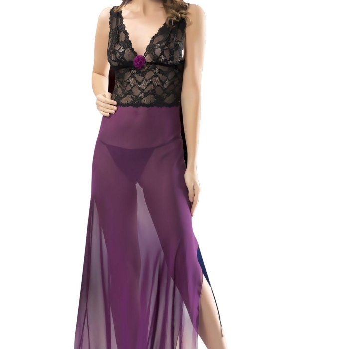 V Yaka Sıfır Kol Mor Renk Kadın Gecelık Takım