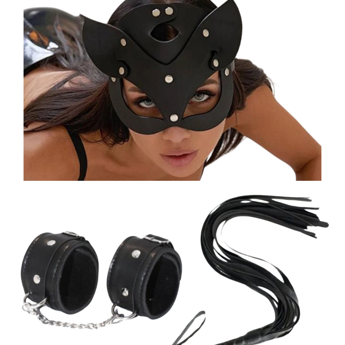 Fantezi Deri Seksi Siyah Kedi Maske Kelepçe Kırbaç Seti ( 3lü set) BC5369