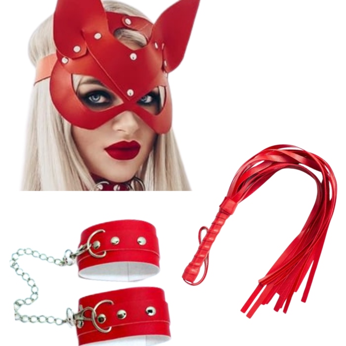 Fantezi Deri Seksi Kırmızı Kedi Maske Kelepçe Kırbaç Seti ( 3lü set) BC5367