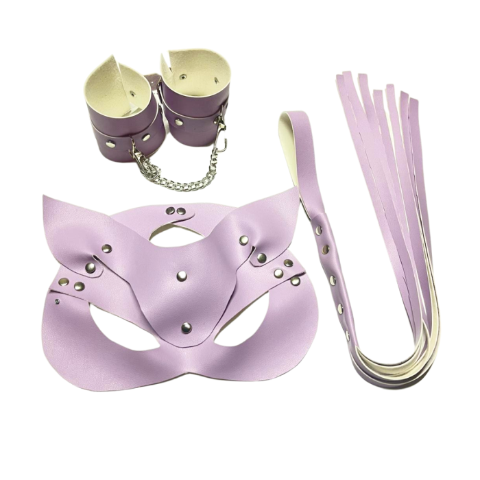 Fantezi Deri Seksi Lila Kedi Maske Kelepçe Kırbaç Seti ( 3’lü set) BC5370
