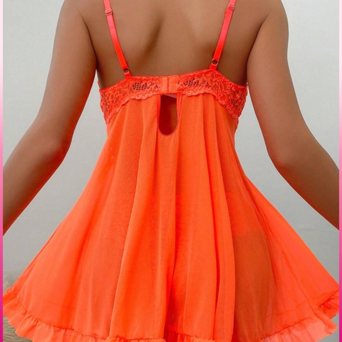 Kadın Zarif Turuncu Tül Gecelik ve Külot Takım