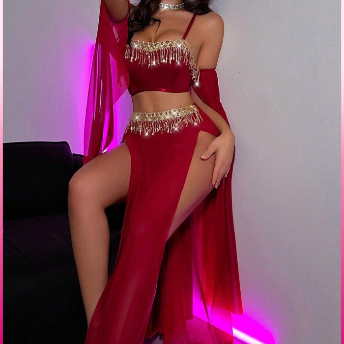 Bordo Pul Aksesuarlı Tül Etekli Kadın Seksi Gecelik