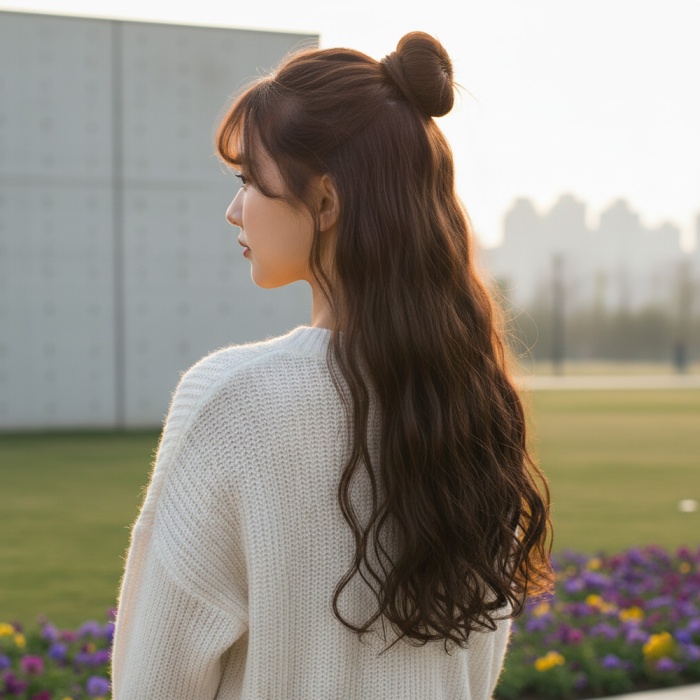 Fiber Sentetik Dalgalı Yarım Ay + 2 Yan Çıt Çıt - Açık Kahve