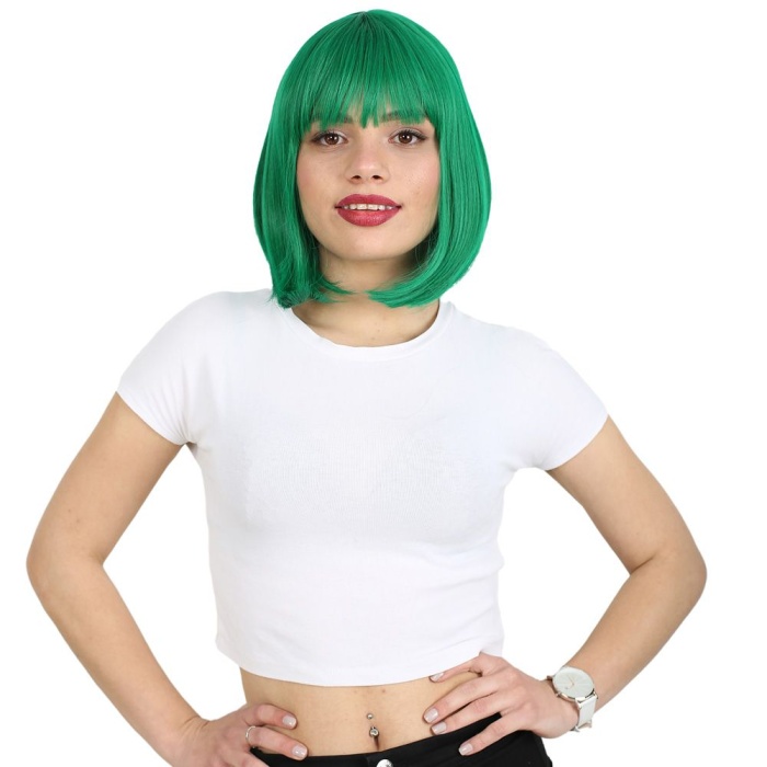 Küt Kahküllü Fiber Sentetik Peruk - Koyu Yeşil