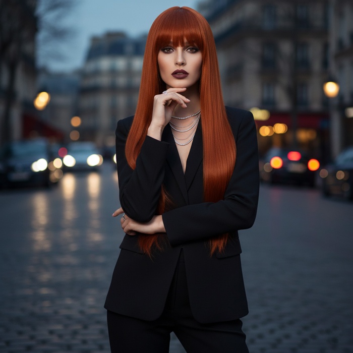 Düz Perçemli Uzun Fiber Sentetik Peruk - Bakır