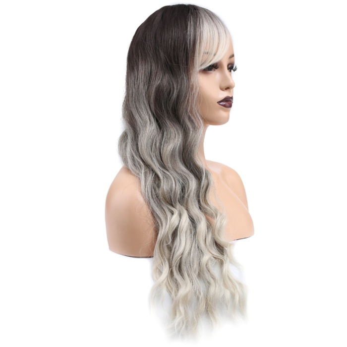 Perçemli Uzun Su Dalgası Fiber Sentetik Peruk- Ombre ve Röfleli