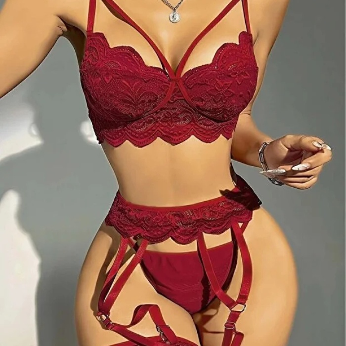 Kadın Bordo Dantel Detaylı Jartiyer Takım