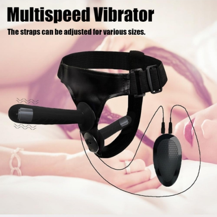 Censan Siyah Double Dong Titreşimli Belden Bağlamalı Çift Taraflı Bisex Dildo Vibratör