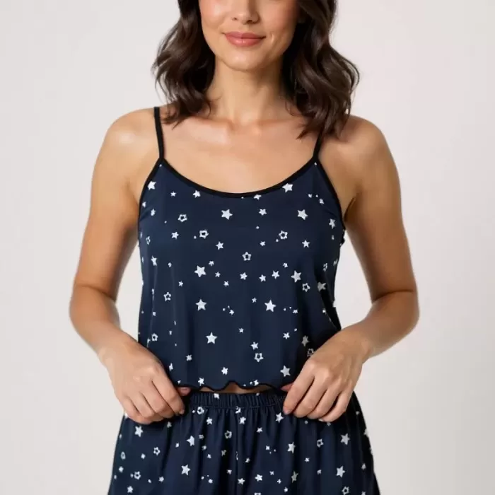 Yıldız Desenli Lacivert Şortlu Pijama Takımı
