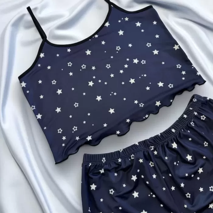 Yıldız Desenli Lacivert Şortlu Pijama Takımı