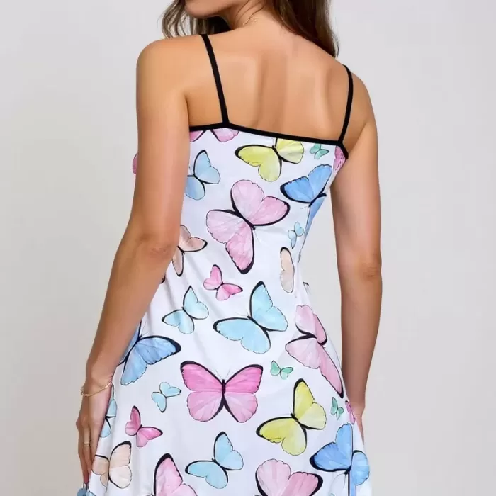 Renkli Kelebek Desenli Askılı Kadın Gecelik