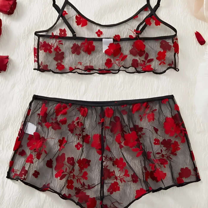 Çiçek Desenli Siyah Transparan Şortlu Gecelik TM1377