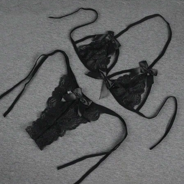 Fantezi Seksi Siyah Fiyonk Süslemeli Dantelli Sütyen String Takımı BC9707