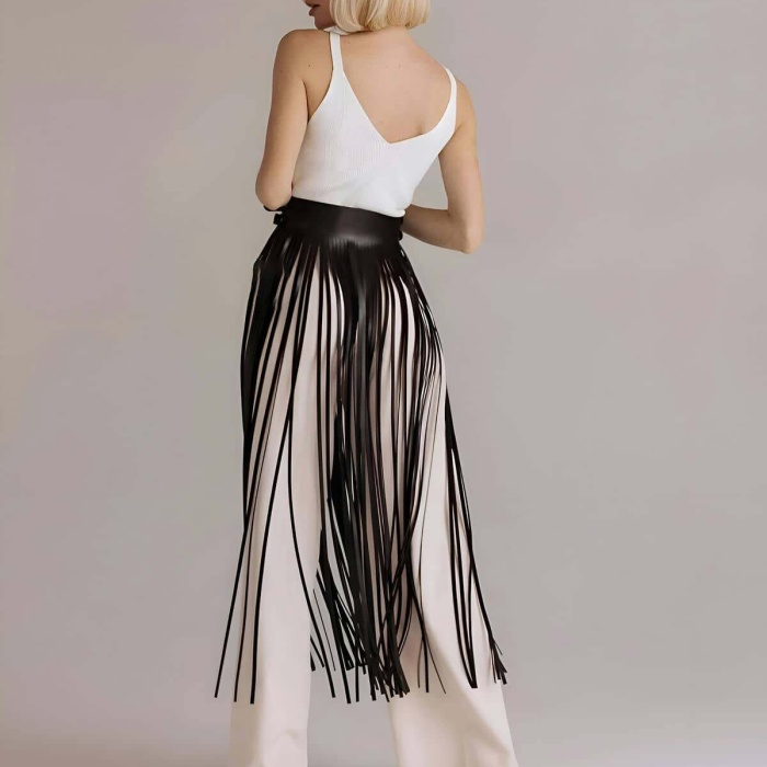 Püsküllü Deri Etek, Bel Üzeri Şık Püsküllü Deri Etek - APFT1090