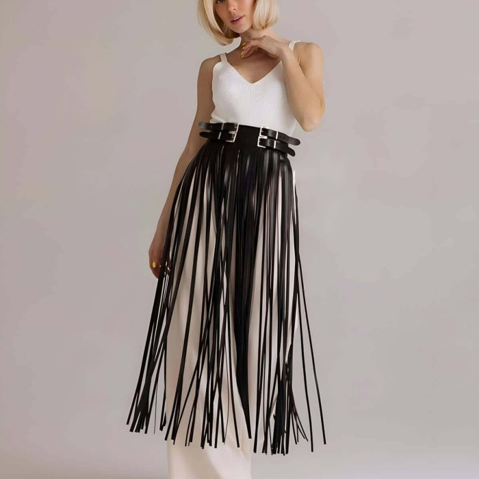 Püsküllü Deri Etek, Bel Üzeri Şık Püsküllü Deri Etek - APFT1090