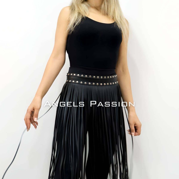 5 mm Püsküllü Şık Deri Etek, Diz Altı Püsküllü Etek - APFT1398