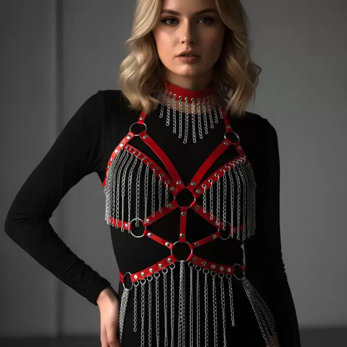 Deri ve Zincir Detaylı Harness Takım, Deri Dansçı Kostüm, Choker Detaylı Deri Harness - APFT1397